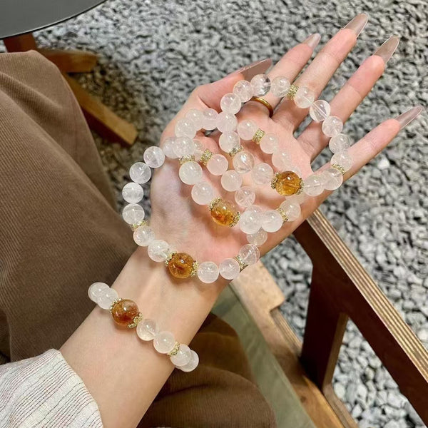 🌟 天然白幽靈水晶搭配黃阿塞黃水晶單圈手鏈 🌟🌟 Natural White Phantom Crystal and Yellow Ametrine Single Circle Bracelet 🌟